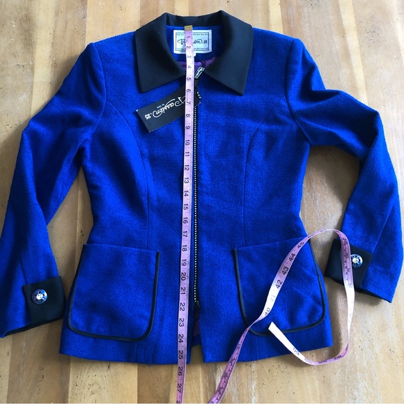 Vintage Bright Blue Blazer Jacket Unique Sparkly Zipper Gemstone Polyester Asian - Picture 3 of 11